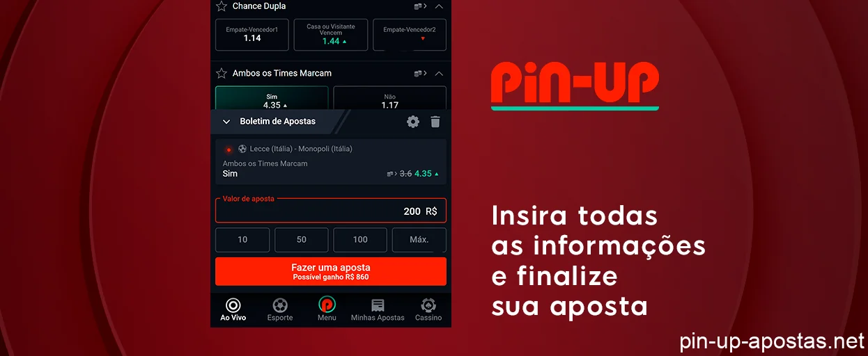 Preencha as informações necessárias e finalize a aposta - Pin Up Football Betting