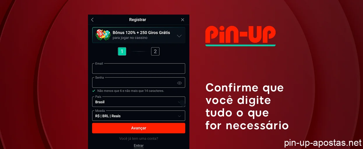 Confirme os dados preenchidos e vá para a página dois do cadastro - Pin Up