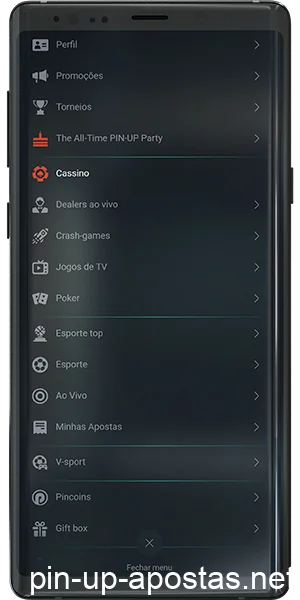 Menu Principal - Aplicativo Pin Up Mobile para iOS e Android