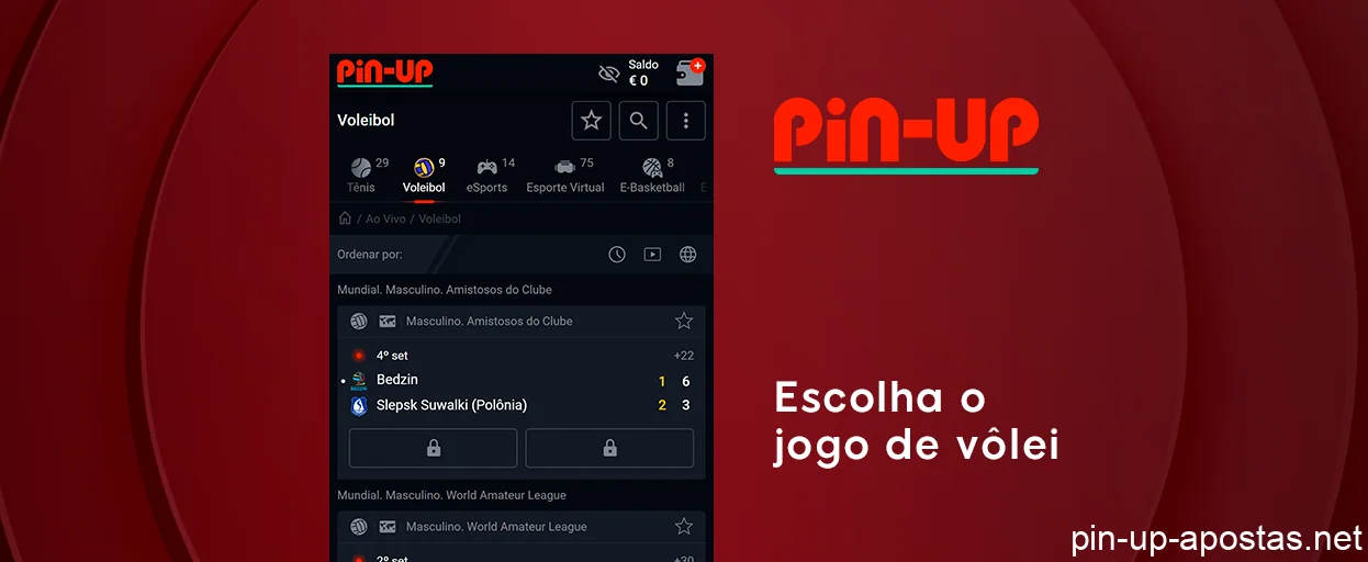 Abra a seção de vôlei e escolha a partida - Pin Up Brasil